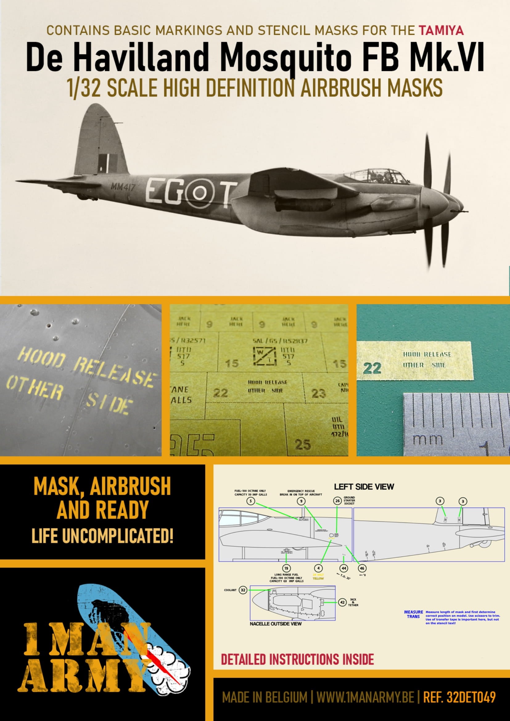 1ManArmy 1/32 De Havilland Mosquito FB Mk.VI for Tamiya Airbrush Masks | 714639354969