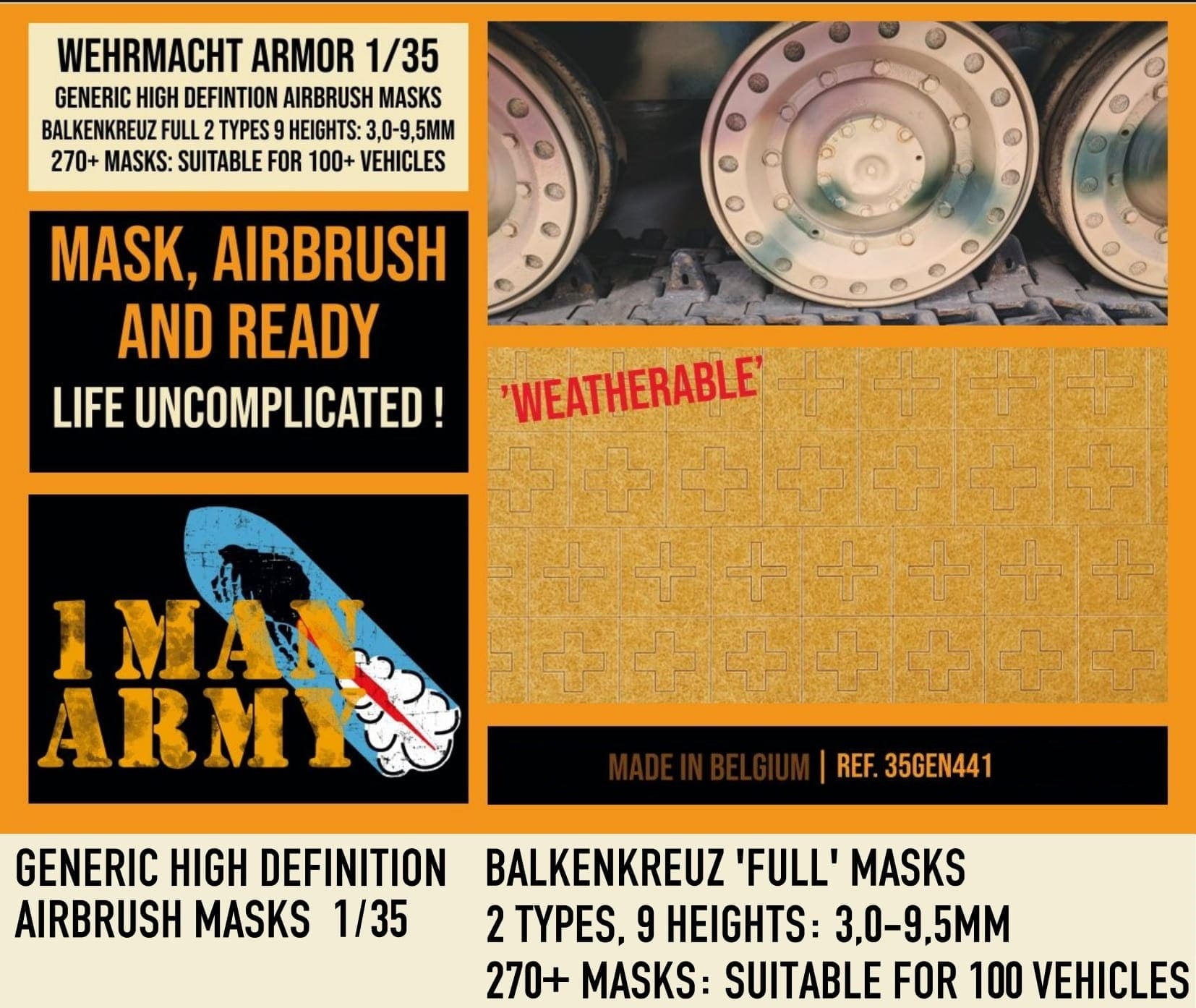 1ManArmy 1/35 German Balkenkreuz Full 3 - 9,5 Airbrush Paint Masks | 714639355102