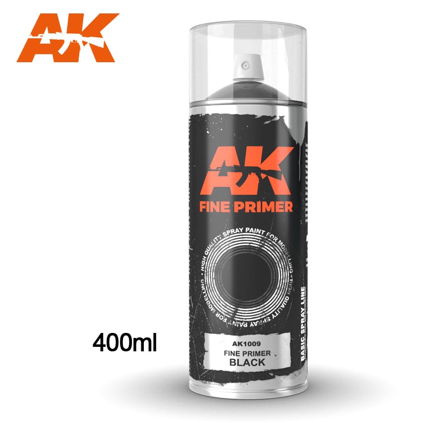 AK Interactive Fine Primer Black - Spray 400ml (Includes 2 nozzles) | 8436564926326