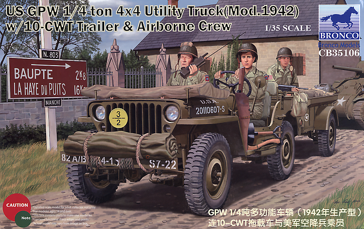 Bronco Models 1/35 US GPW 1/4 ton 4/4 Utility Track(Mod.1942) w/ 10-CWT Trailer & Airborne Crew | 4544032692315