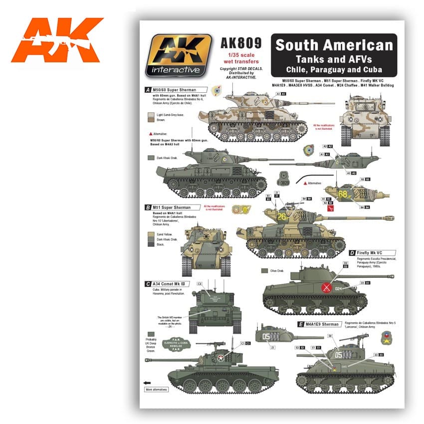 AK Interactive 1/35 South American Tanks and AFVs (Chile, Paraguay and Cuba) decals | 8436535578097