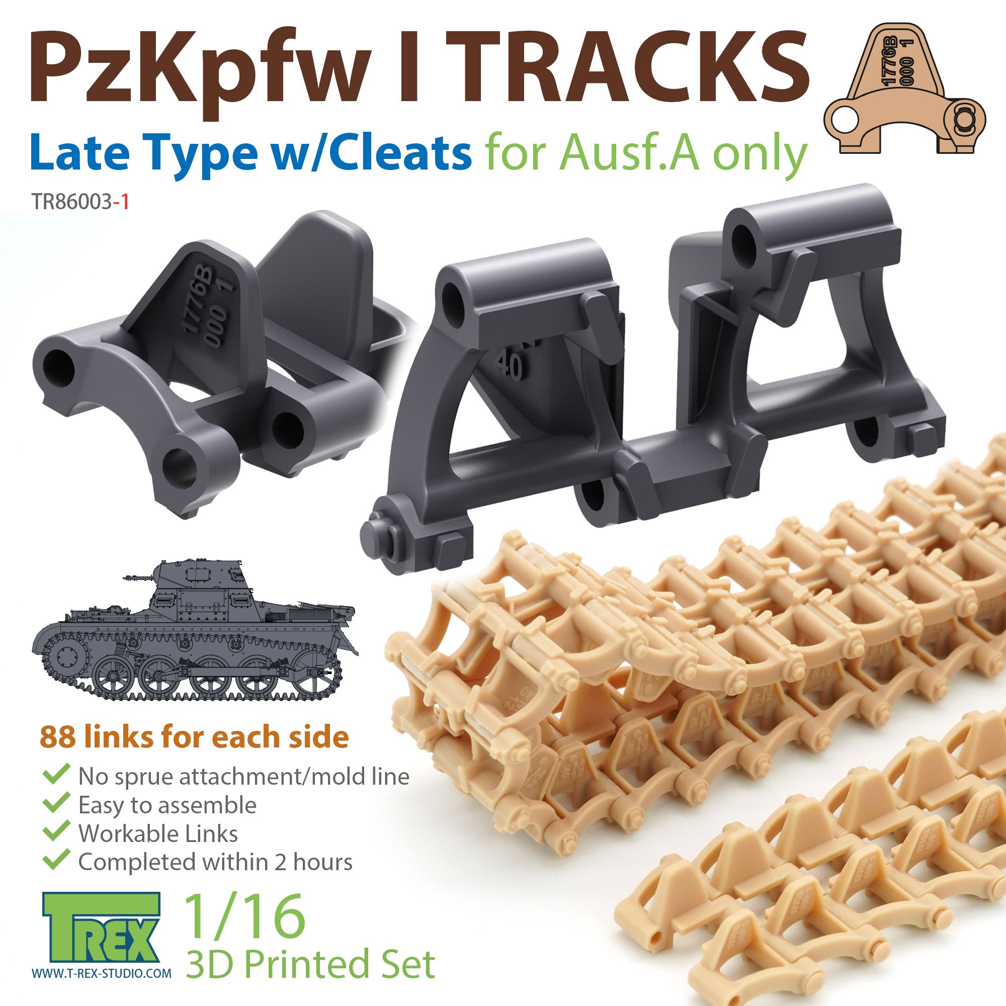 T-Rex Studio 1/16 PzKpfw I Tracks Late Type with Cleats for Ausf.A only | 6973984750781