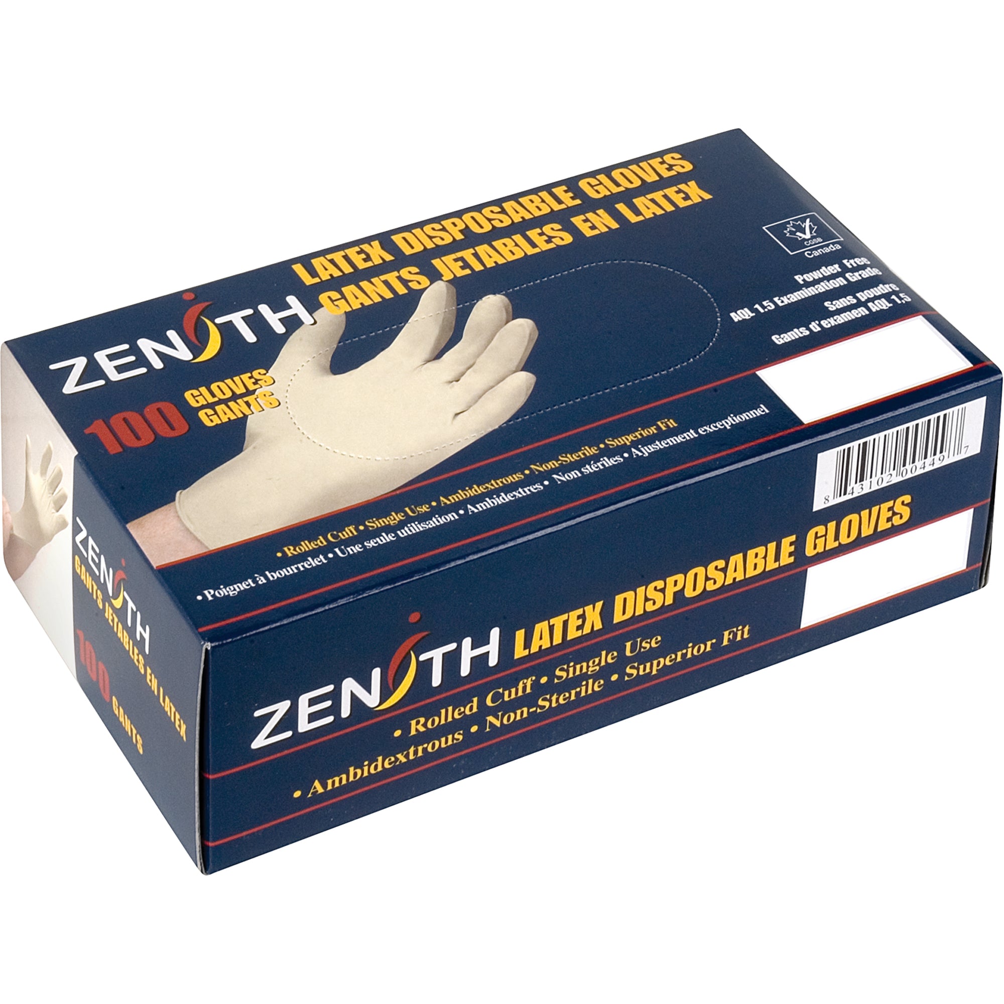 Zenith Examination Grade Powdered Latex Gloves, 4-mil, Large, 100 Count | 843102004442
