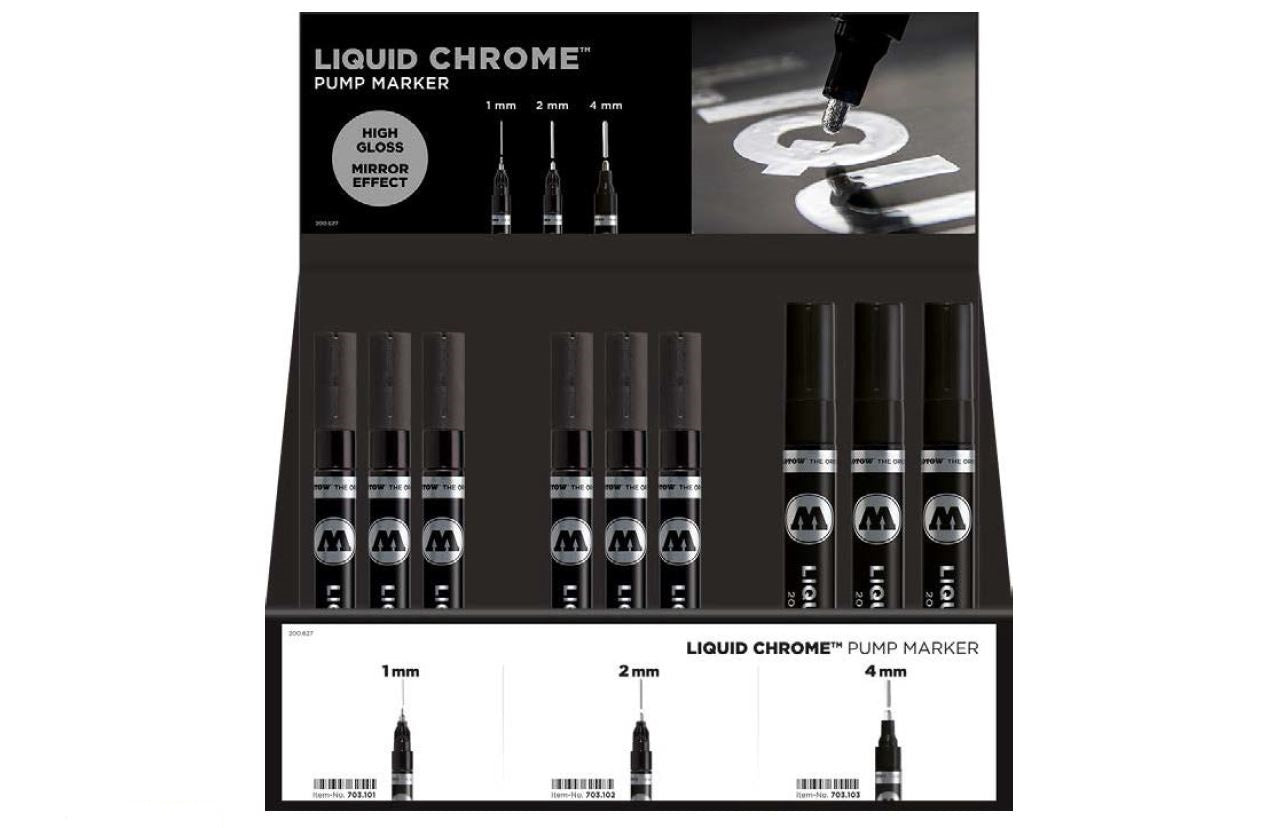 Molotow Liquid Chrome Pump Markers Display 1 (12pcs MLT-703101 + 12pcs MLT-703102 + 12pcs MLT-703103) | 4250397611709