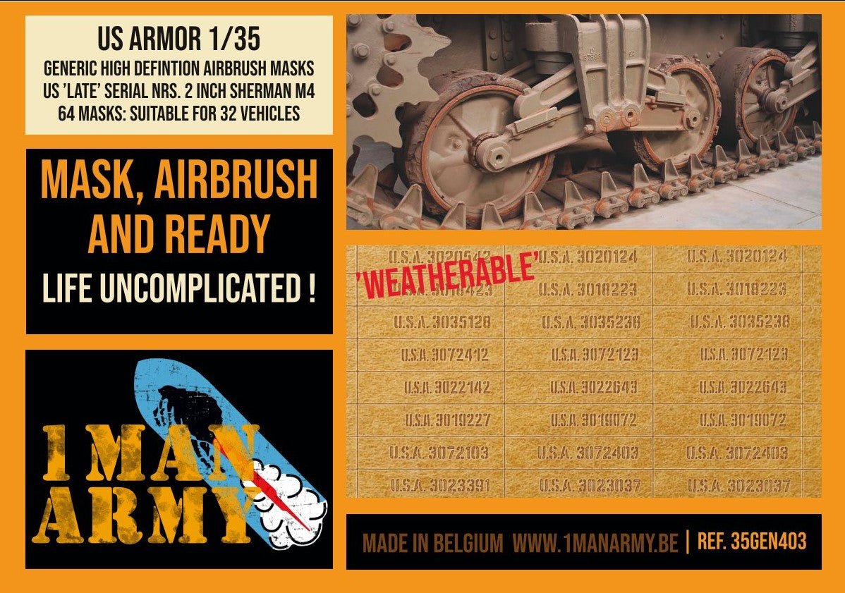 1ManArmy 1/35 US Late Serial Numbers 2 Inch for Sherman M4 Airbrush Paint Masks | 714639355027