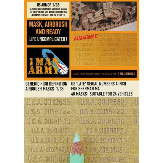 1ManArmy 1/35 US Late Serial Numbers 4 Inch for Sherman M4 Airbrush Paint Masks | 714639355034