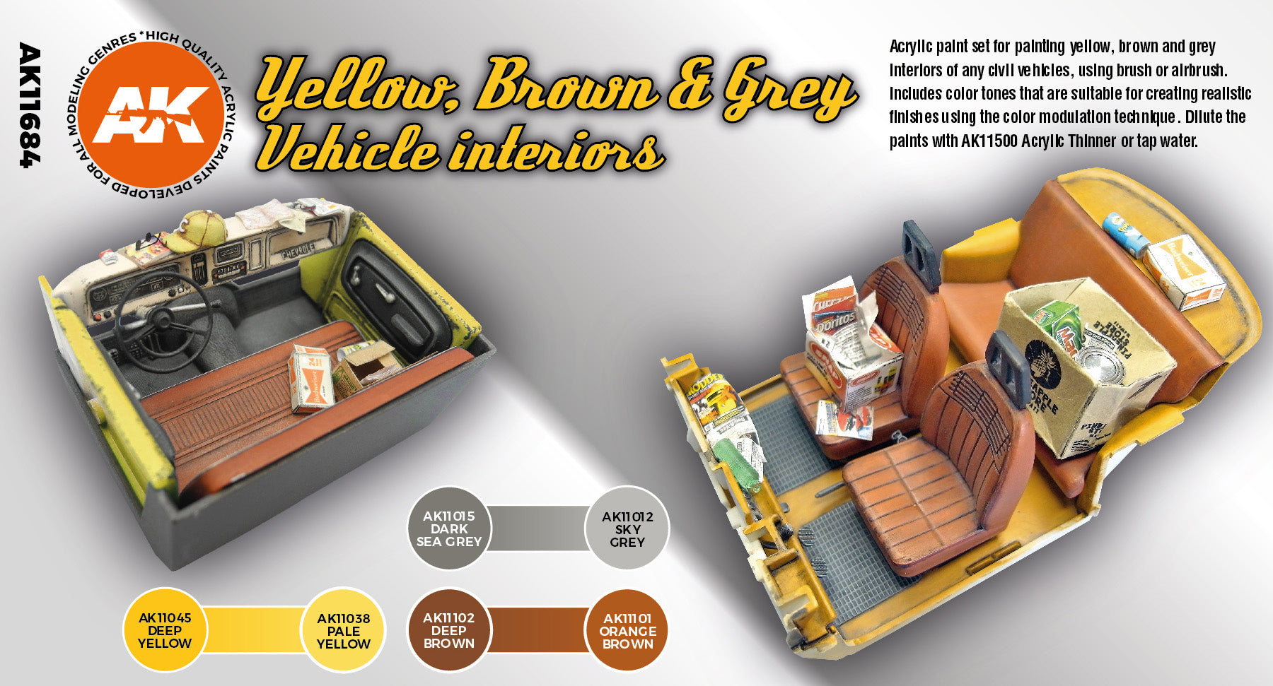 AK Interactive 3G Yellow, Brown & Grey Vehicle Interiors | 8435568312340
