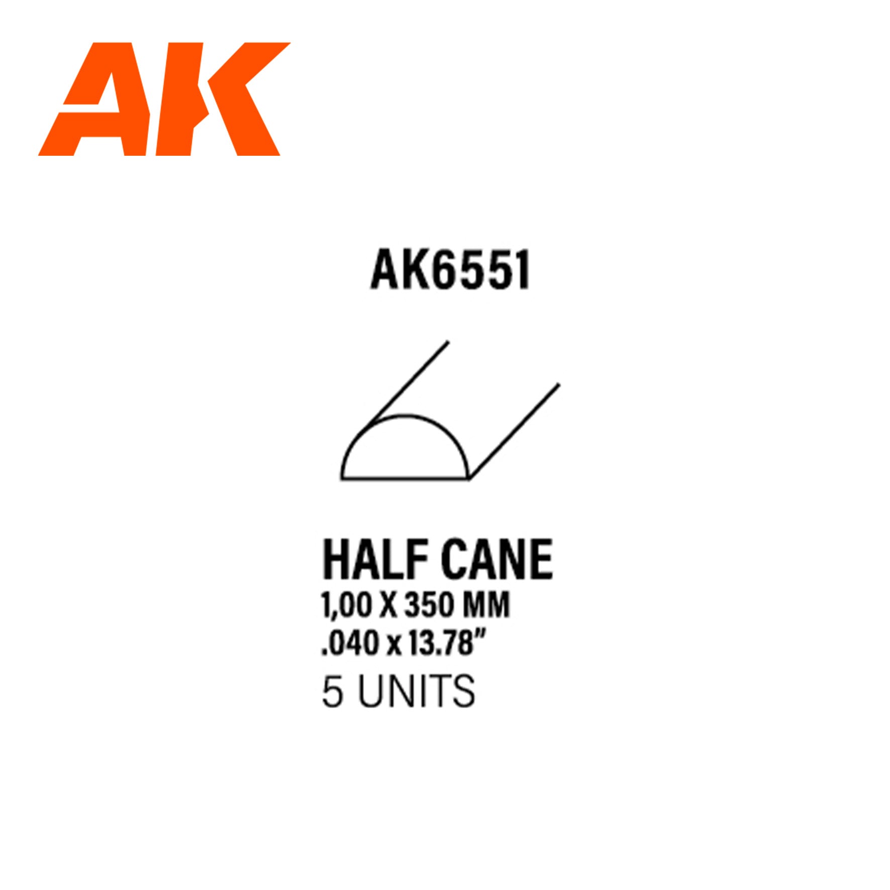 AK Interactive Styrene Half Cane - 1.00 x 350mm x 5 Units | 8435568313453
