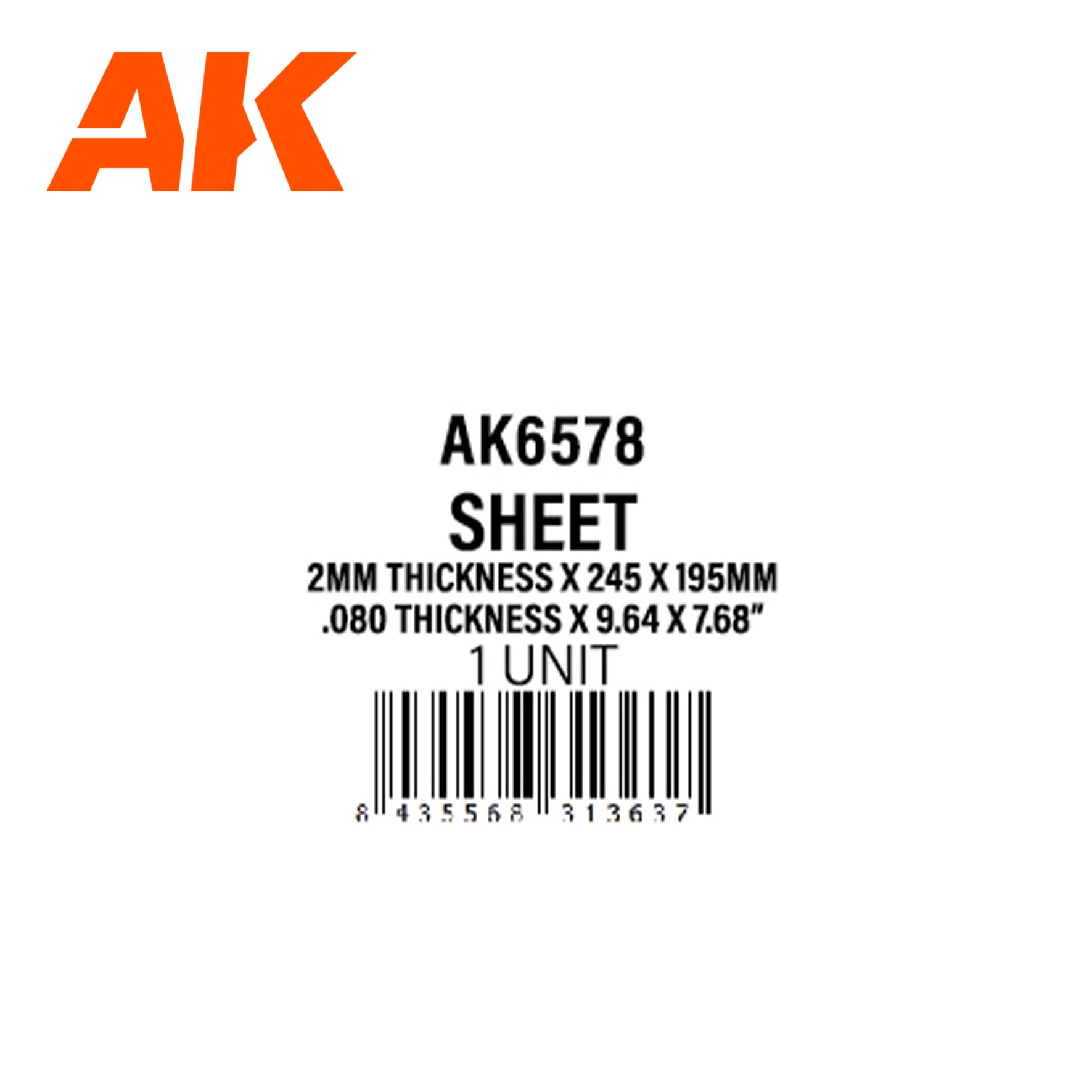 AK Interactive Styrene Sheet - 2.0mm Thickness x 245 x 195mm x 1 Unit | 8435568313637