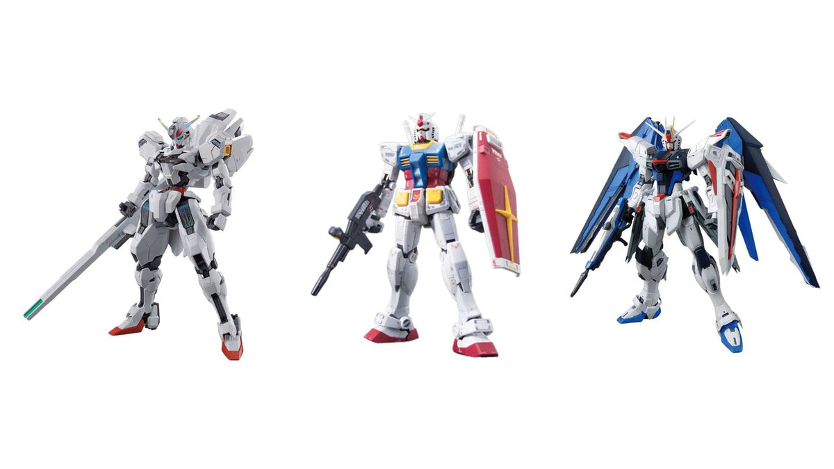 Gundam model kits by grade: HG Gundam Calibarn, RG RX-78-2 Gundam and MG Freedom Gundam Ver.2.0