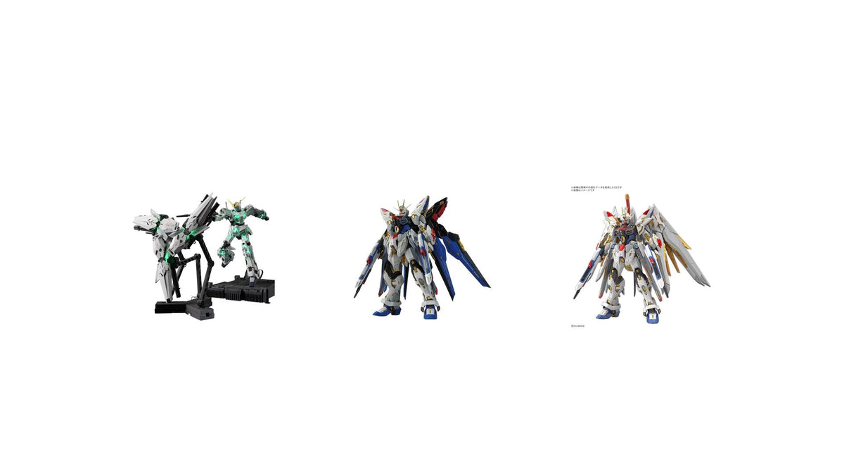 MGEX Unicorn Gundam Ver.Ka, MGEX Strike Freedom and MGEX Mighty Strike Freedom side by side — Master Grade Extreme lineup