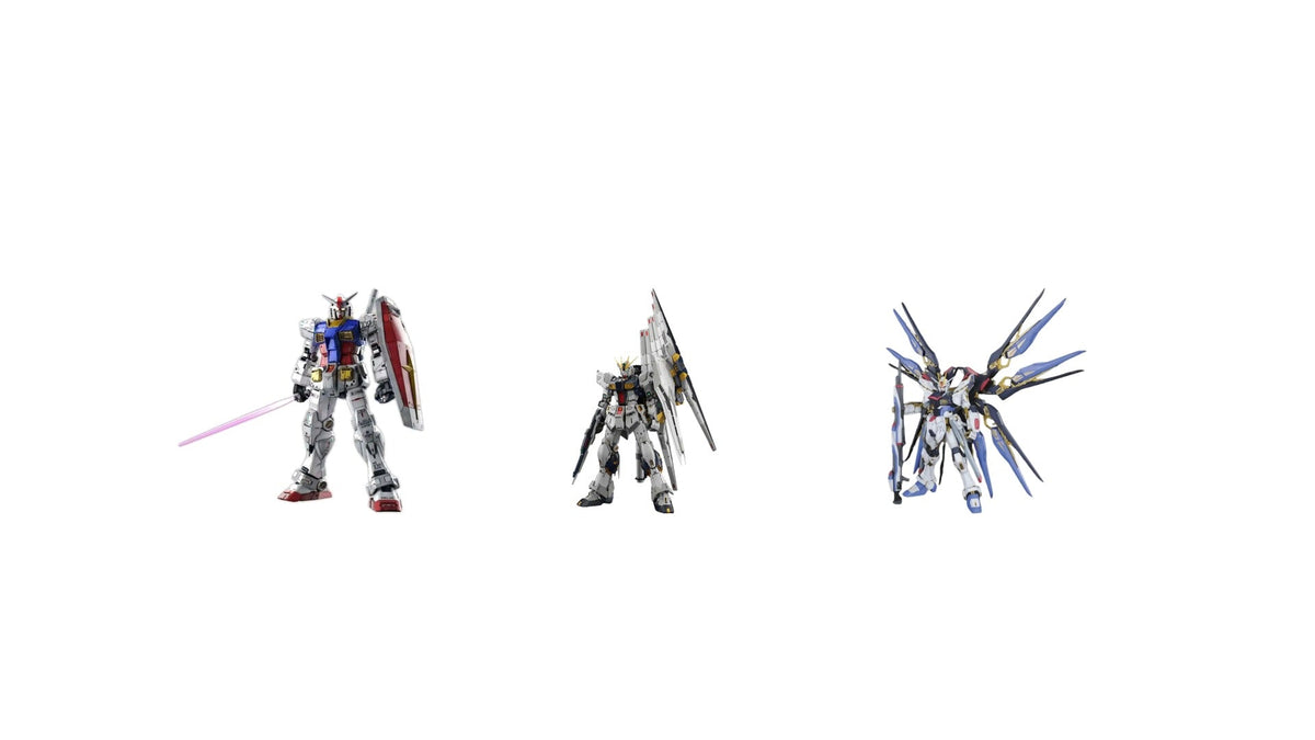 PG Unleashed RX-78-2, PG Unleashed Nu Gundam and PG Strike Freedom side by side — Perfect Grade Gundam lineup