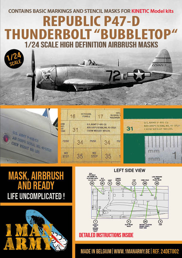 1ManArmy 1/24 Republic P-47D Thunderbolt "Bubbletop" (Kinetic) Airbrush Paint Mask | 714639354662