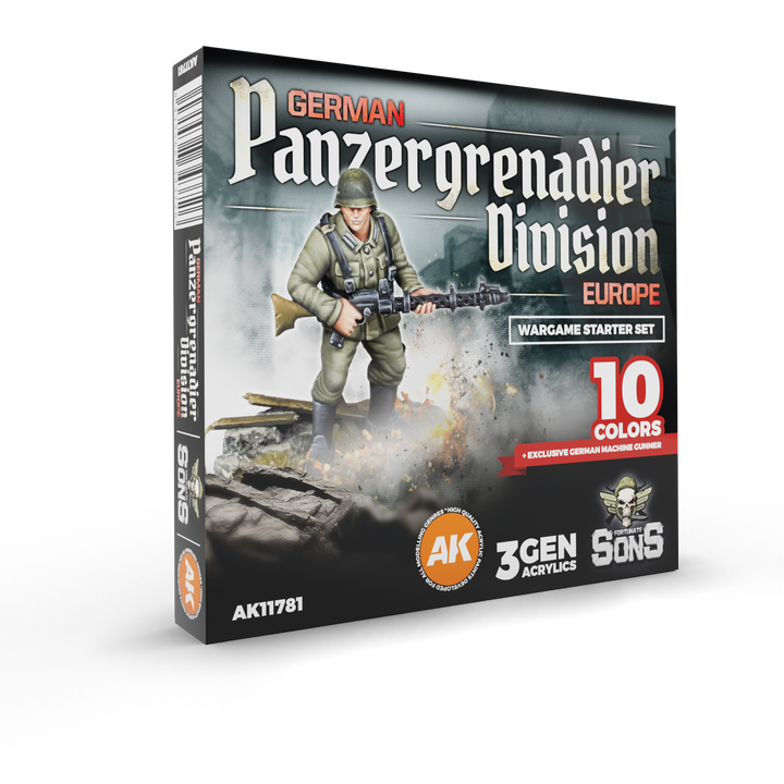 AK Interactive German Panzergrenadier Division Europe - Starter Set (10 Colors + Exclusive Figure German Machine Gunner) | 8435568343726