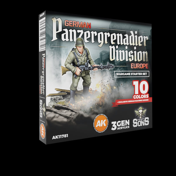 AK Interactive German Panzergrenadier Division Europe - Starter Set (10 Colors + Exclusive Figure German Machine Gunner) | 8435568343726