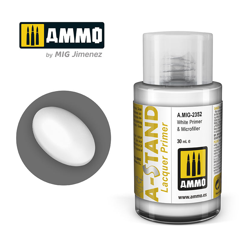 Ammo Mig A-Stand Lacquer Paint 30ml - White Primer & Microfille | 8432074023524