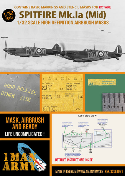 1ManArmy 1/32 Spitfire Mk.Ia (Mid) (Kotare) Airbrush Paint Mask | 714639354631