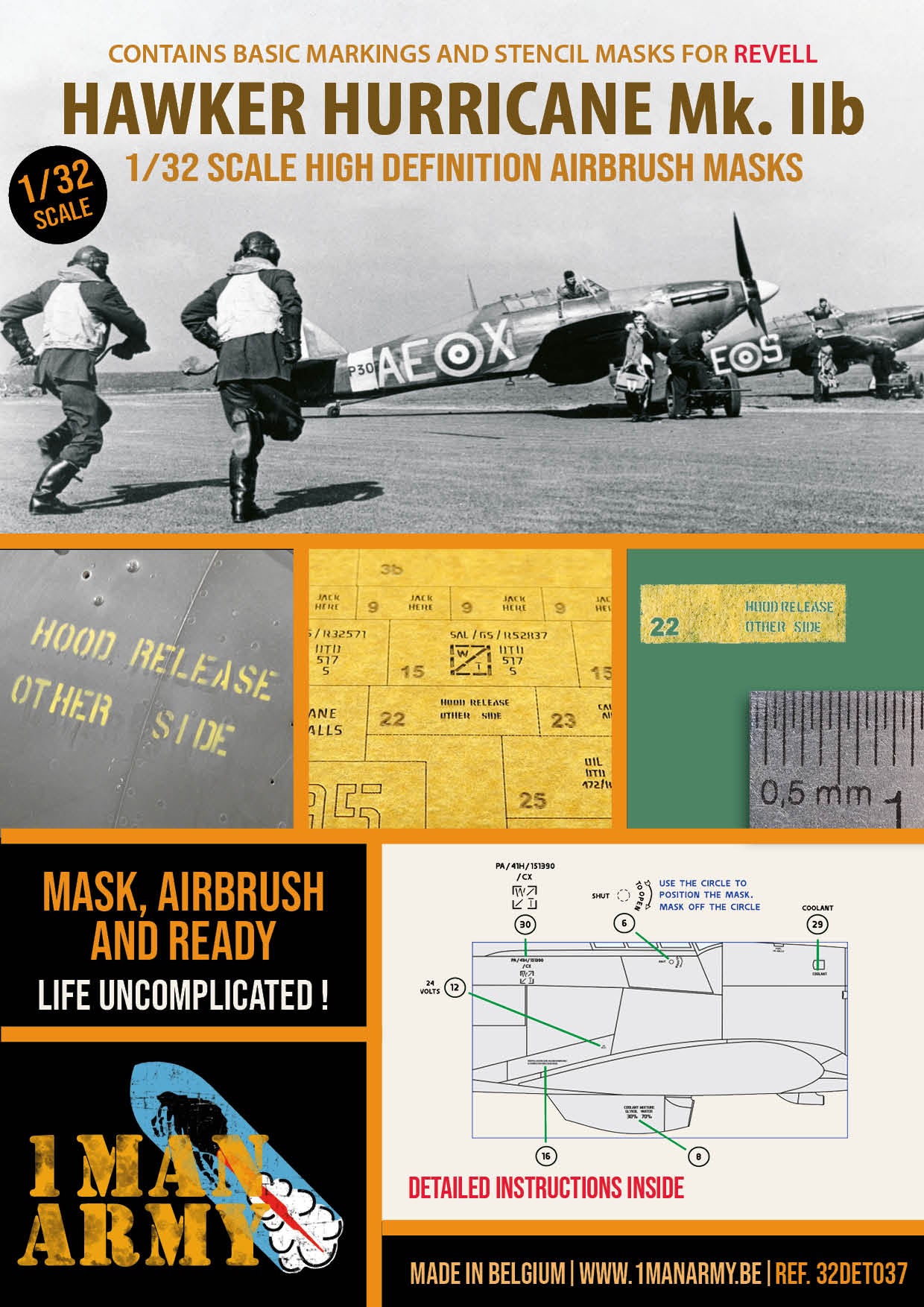 1ManArmy 1/32 Hawker Hurricane Mk IIb (Revell) Airbrush Paint Mask | 714639354730