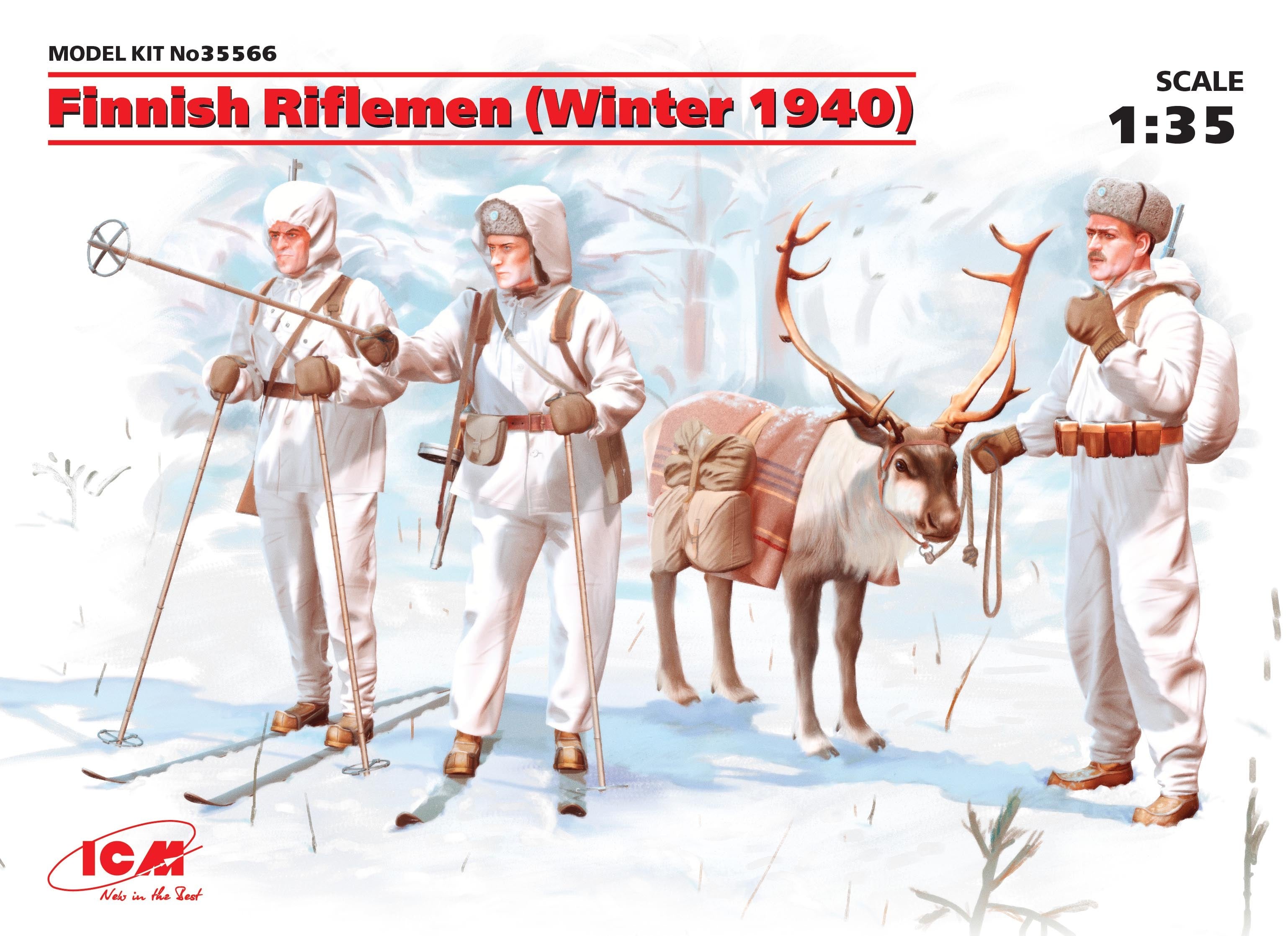 ICM 1/35 Finnish Riflemen (Winter 1940) (4 figures - 3 rifleman, 1 reindeer) | 4823044404186