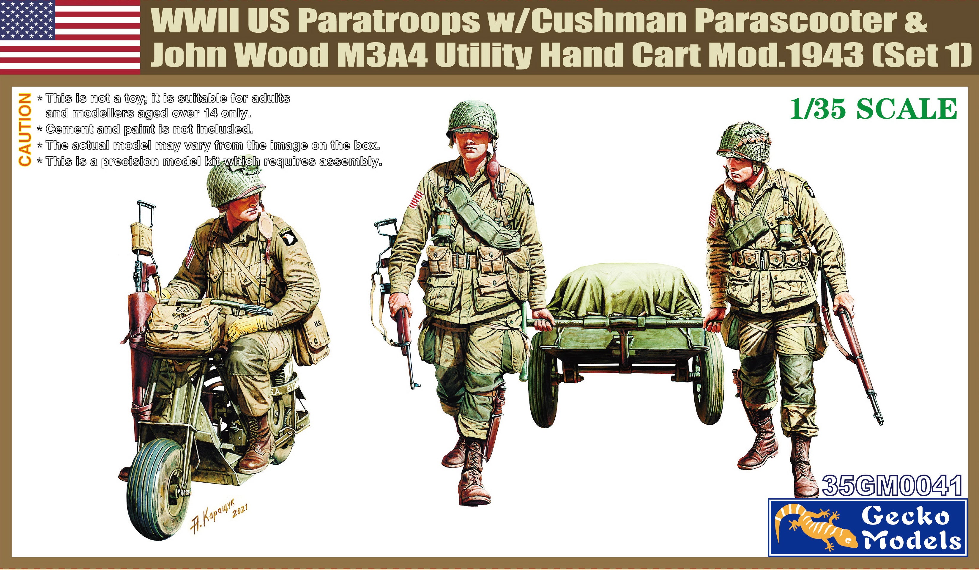 Gecko 1/35 M53 Scooter Cushman w-John Wood M3A4 Utility Hand Cart Mod. 1943 & US Paratroops (Set 1)