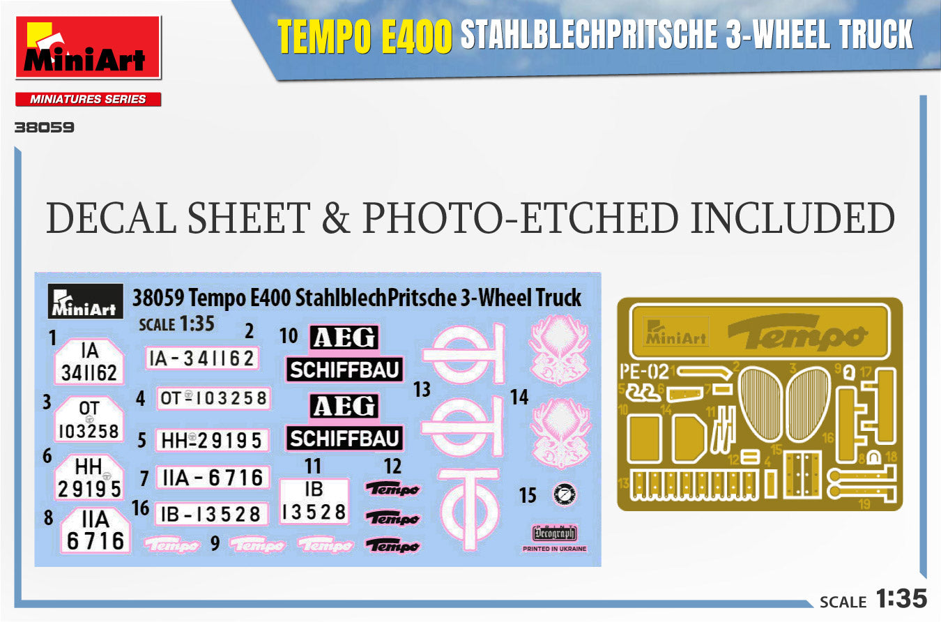 Miniart 1/35 Tempo E400 StahlblechPritsche 3-Wheel Truck | 5905090346388