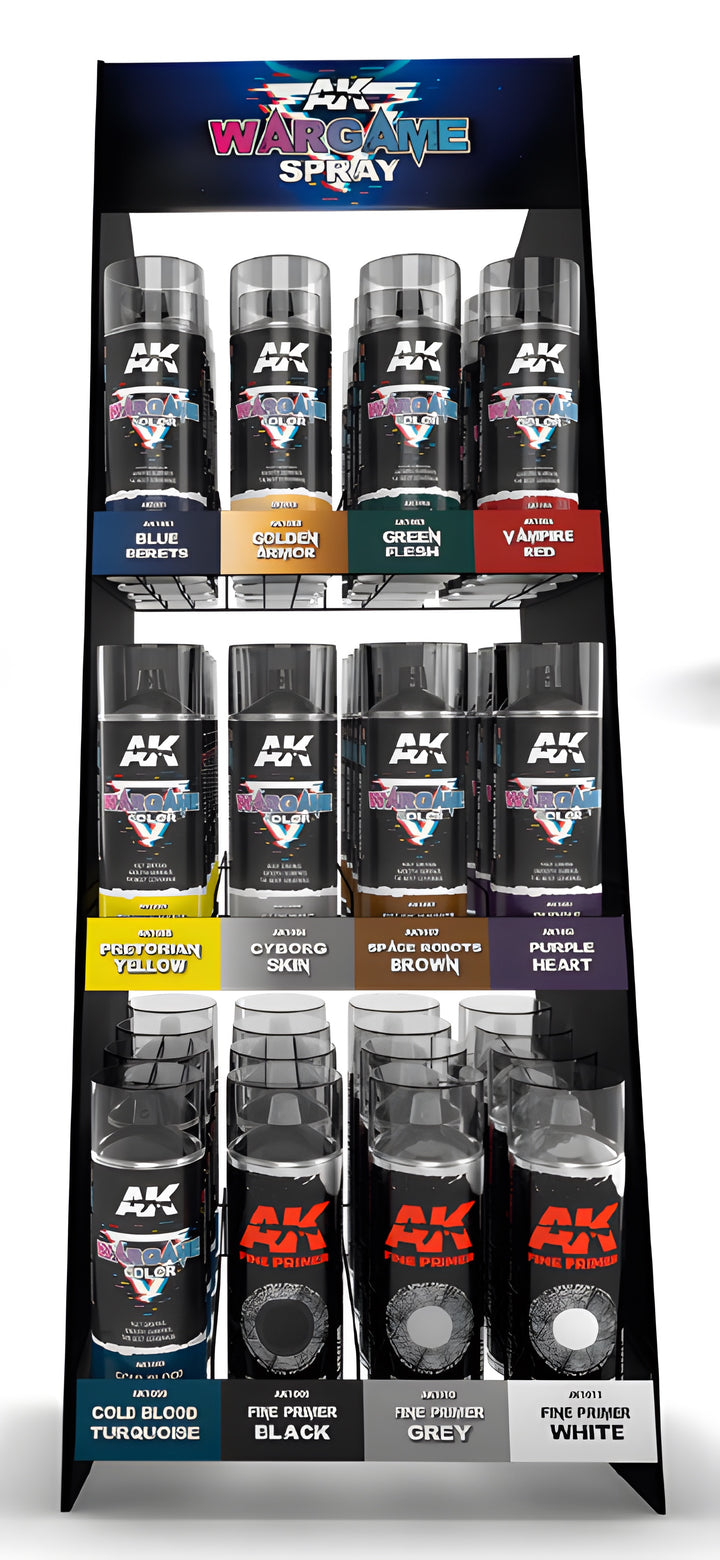 AK Interactive Spray Wargame Full Retail Display Rack ((9 Wargame colors 400 ml x 4) + (3 Primers 200 ml x 4 units))
