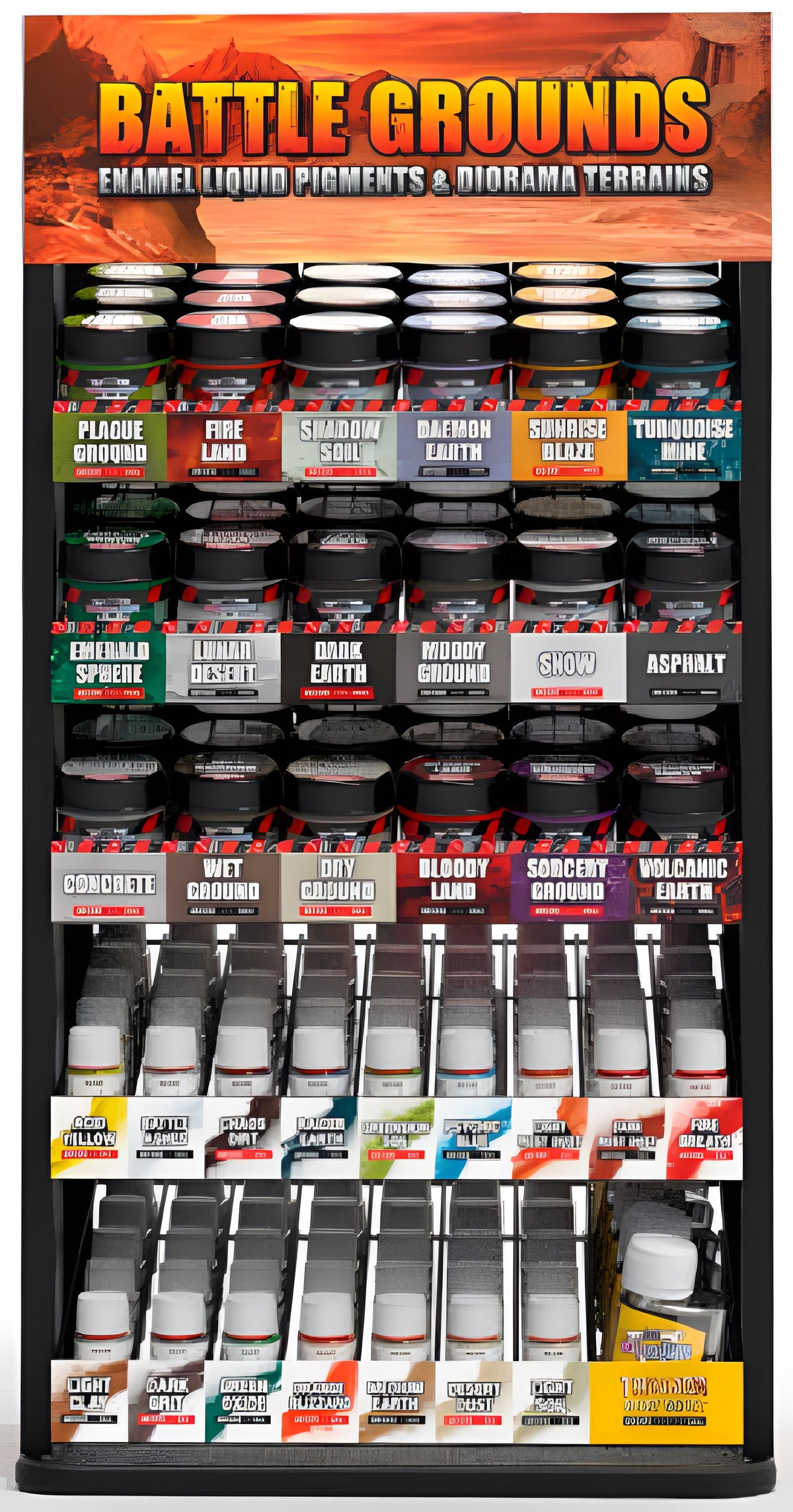 AK Interactive Wargame Battle Grounds Full Retail Display Rack Liquid Pigments & Diorama Terr ( 5 units x 16 liquid pigments + 4 units x 18 wargame terrains + 6 units x thinner 125 ml)