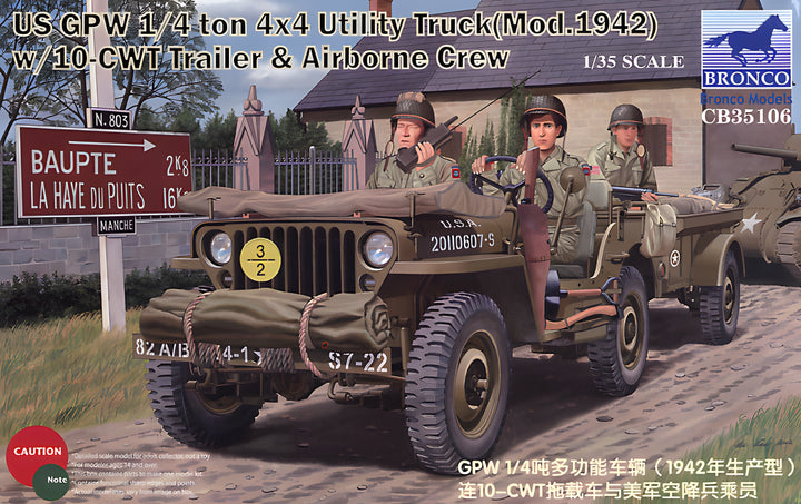 Bronco Models 1/35 US GPW 1/4 ton 4/4 Utility Track(Mod.1942) w/ 10-CWT Trailer & Airborne Crew