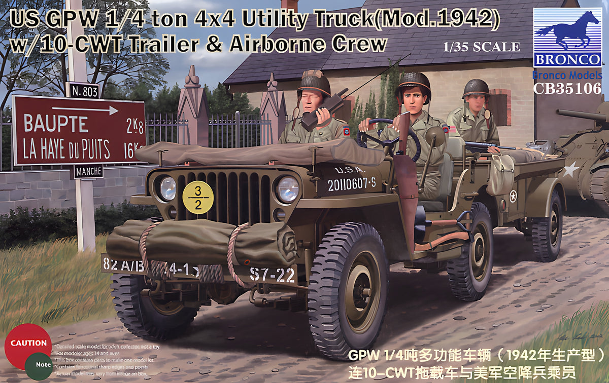 Bronco Models 1/35 US GPW 1/4 ton 4/4 Utility Track(Mod.1942) w/ 10-CWT Trailer & Airborne Crew