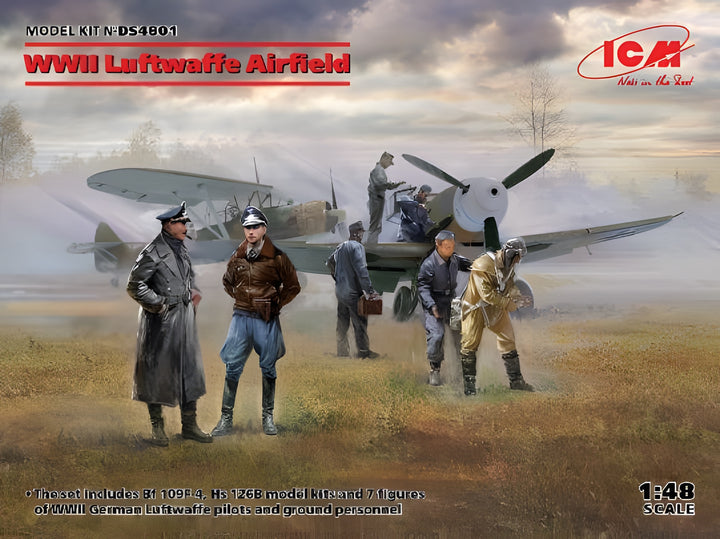 ICM 1/48 WWII Luftwaffe Airfield - Messerschmitt Bf 109F-4, Hs 126 B-1, German Luftwaffe Pilots and Ground Personnel (7 figures)