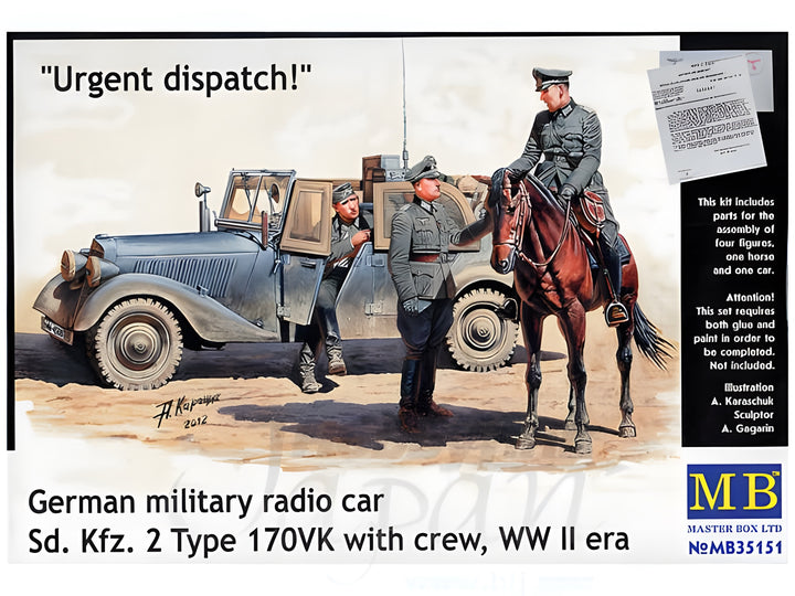 MASTER BOX Urgent dispatch. German military radio car Sd.Kfz. 2 Type 170VK with crew, WW II era