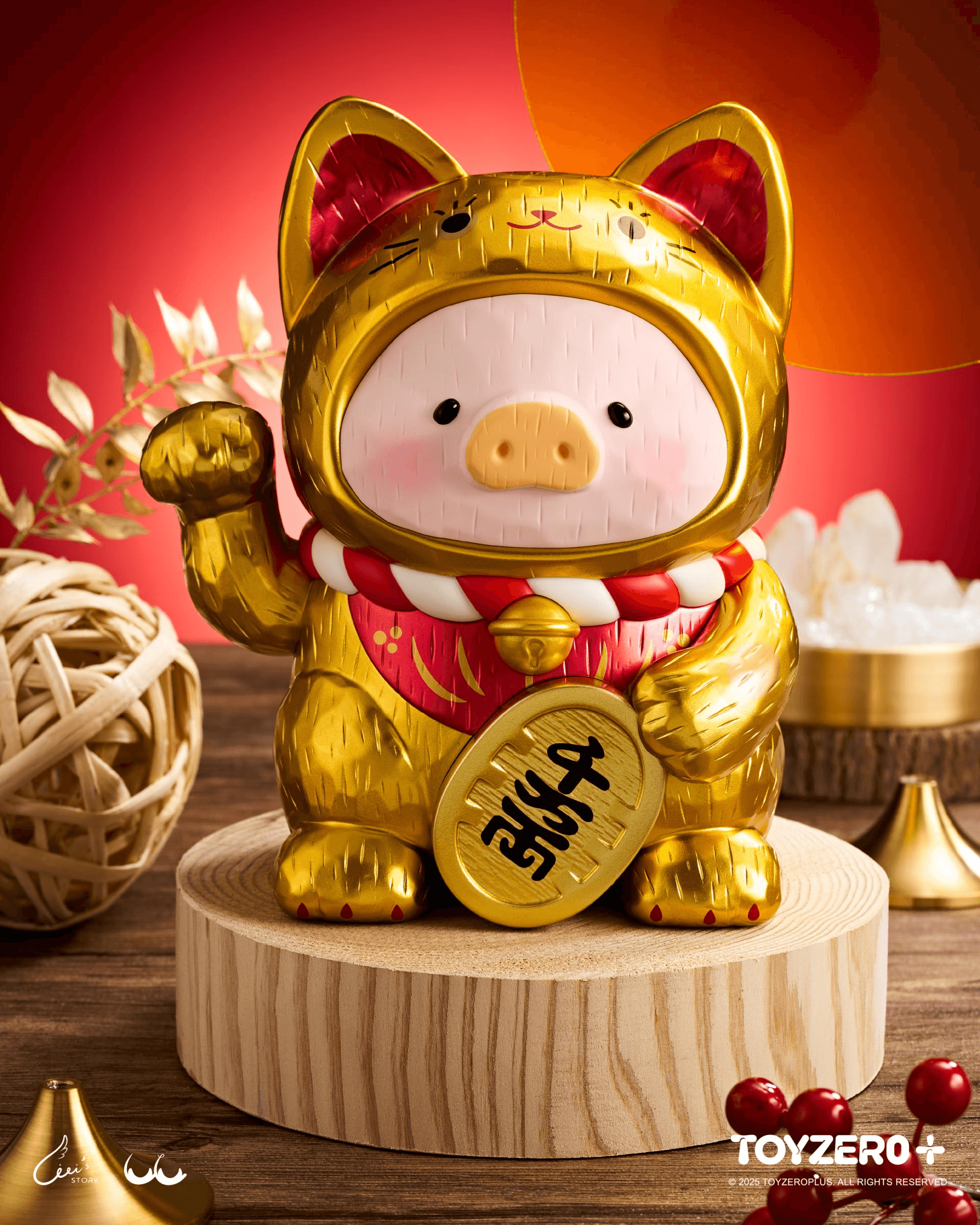 LuLu the Piggy - 18cm Wood-Carving Maneki Lu (Golden Cat) | 6978531762374