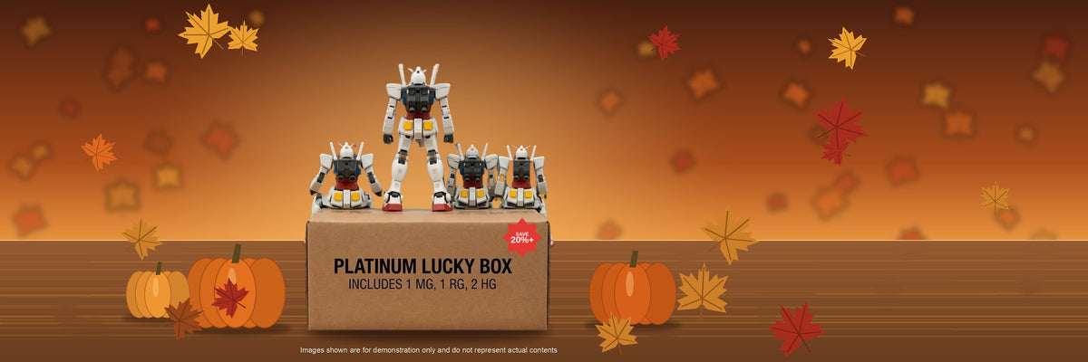 Thanksgiving Gundam Lucky Box wide banner - Platinum Lucky Box with 1 MG, 1 RG, 2 HG kits among autumn leaves and pumpkins, save 20% or more
