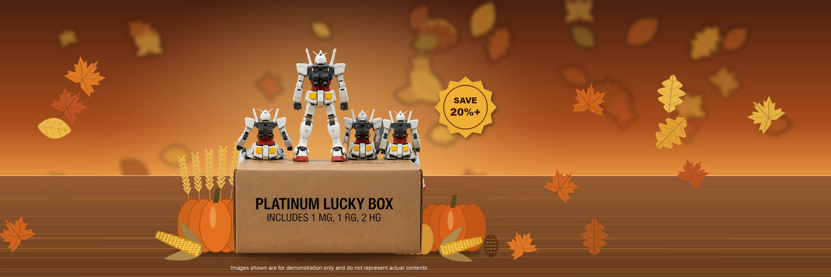 Thanksgiving Gundam Lucky Box wide banner - Platinum Lucky Box with 1 MG, 1 RG, 2 HG kits on a harvest table with pumpkins, corn, maple and oak leaves, save 20% or more