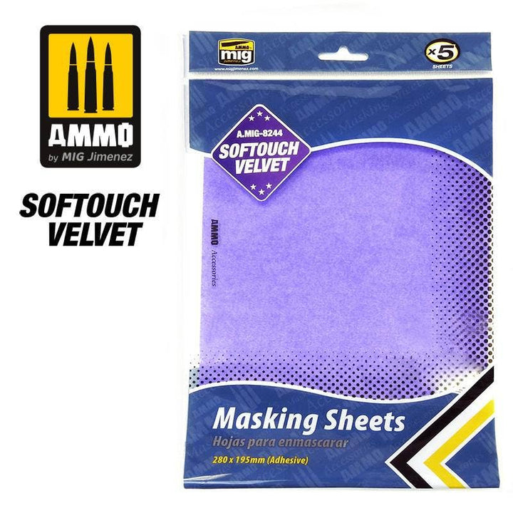 Ammo Mig Softouch Velvet Adhesive Masking Sheets, 5 Sheets (280mm x 195mm) | 8432074082446