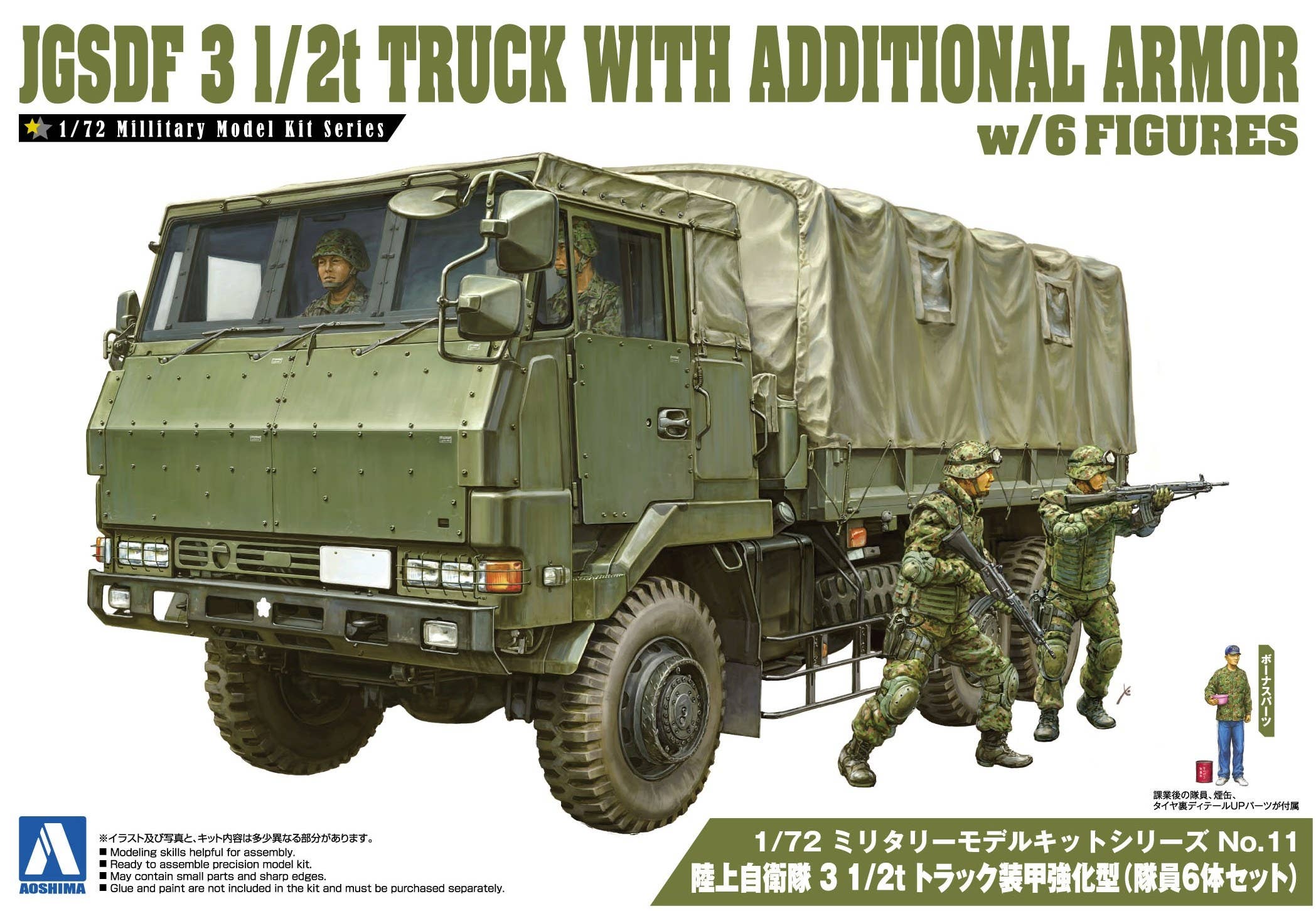 Aoshima 1/72 JGSDF 3 1/2T Truck With Additional Armor (W/4 Figures) | 4905083012086