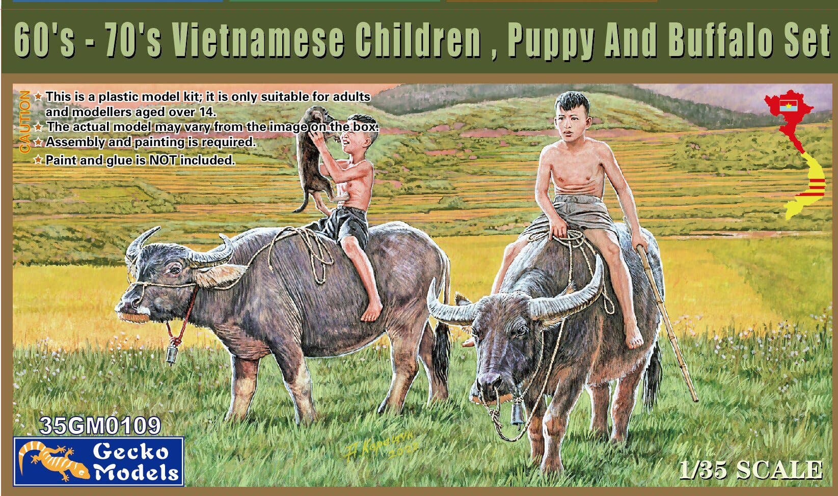Gecko 1/35 60's - 70's Vietnamese Children, Puppy And Buffalo Set | 4892667351092