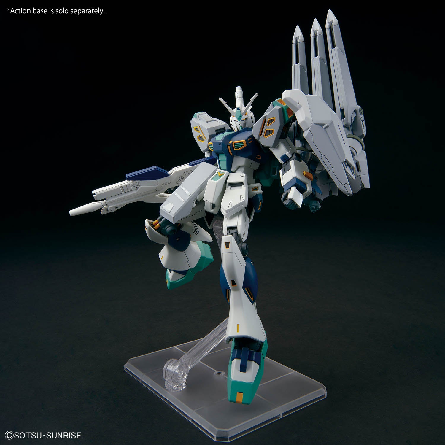 Mass Production Type Nu Gundam in a flight pose with fin funnel backpack, from the HG 1/144 Alyzeus kit (action base sold separately)