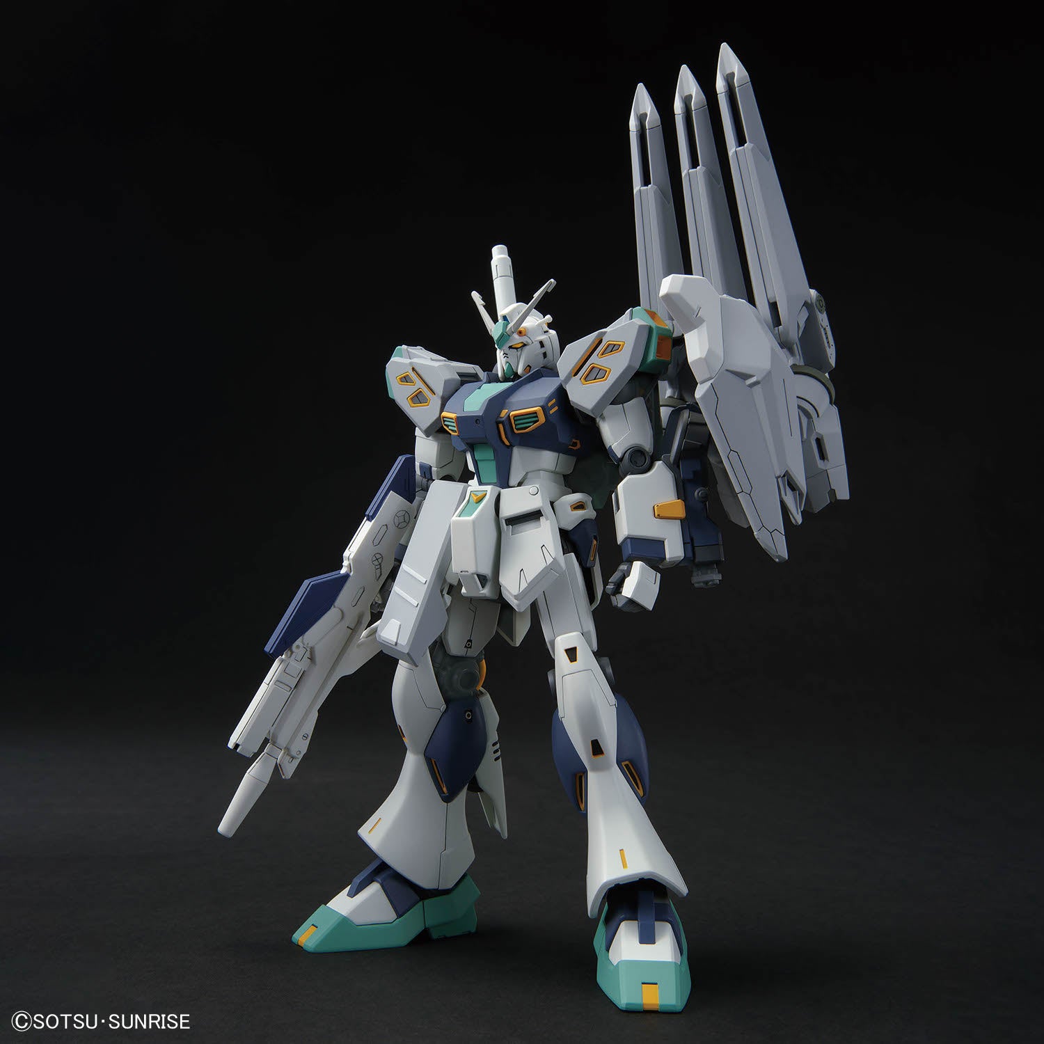 Mass Production Type Nu Gundam with fin funnel backpack, angled view — HG 1/144 Alyzeus kit