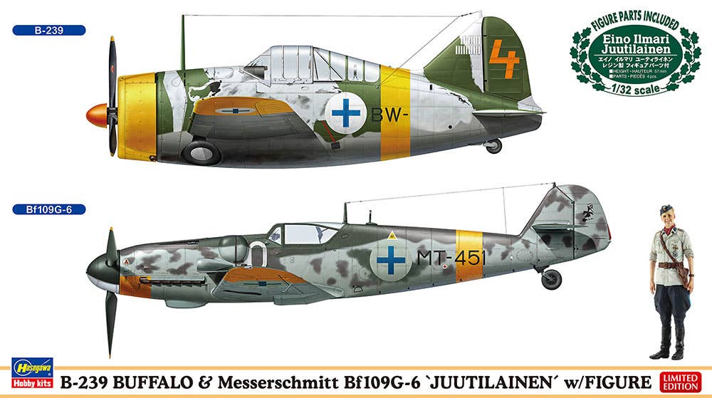 Hasegawa 1/72 B-239 BUFFALO & Messerschmitt Bf109G-6 JUUTILAINEN w/FIGURE (Two kits in the box) | 4967834024397