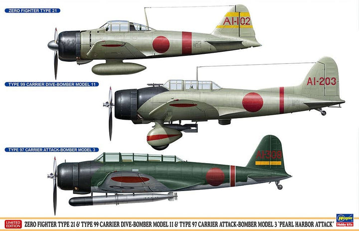 Hasegawa 1/48 ZERO FIGHTER TYPE 21 & TYPE 99 CARRIER DIVE-BOMBER MODEL 11 & TYPE 97 CARRIER ATTACK-BOMBER MODEL 3 'PEARL HARBOR ATTACK' (Three kits in the box) SP348 | 4967834521483