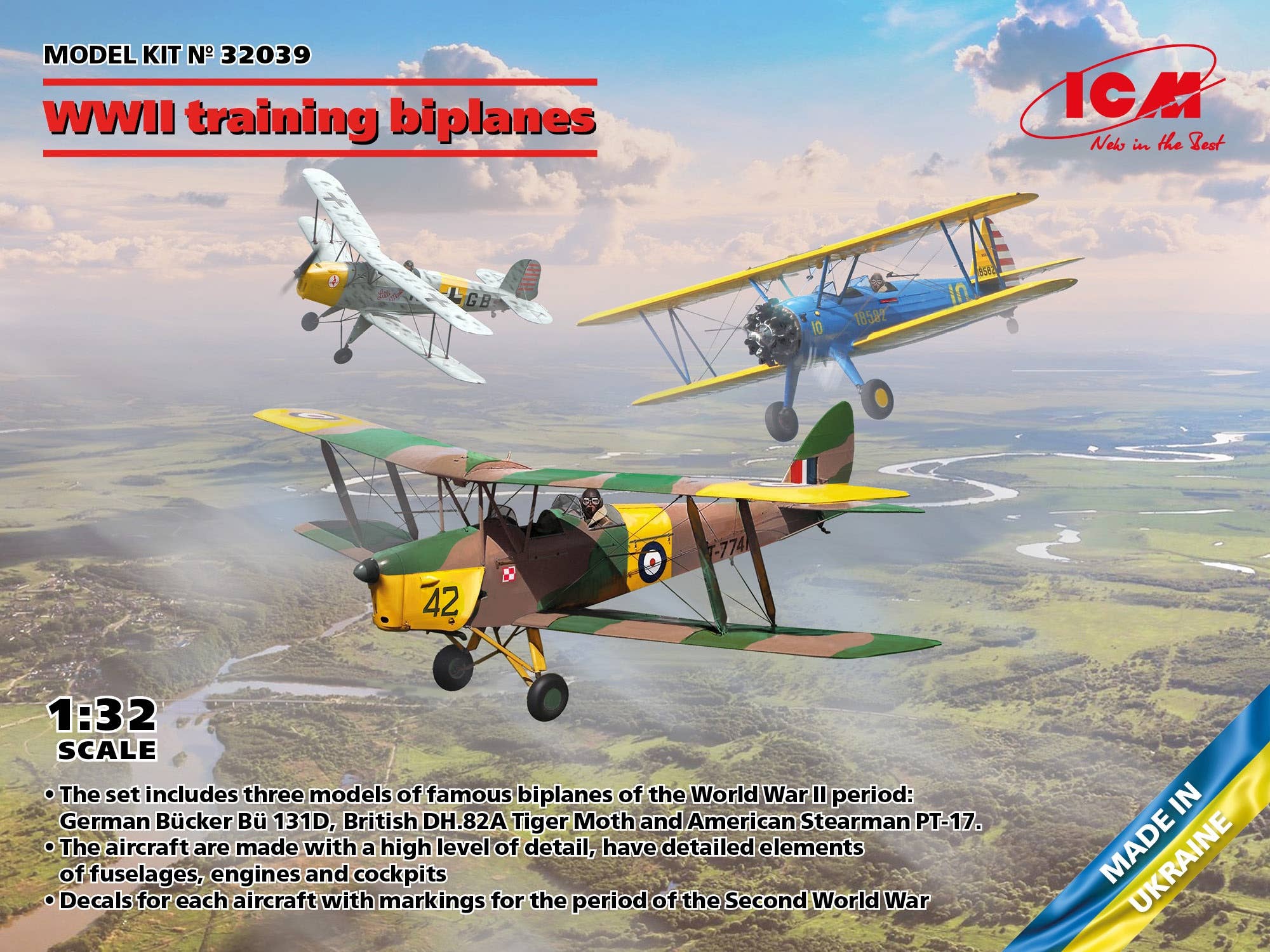 ICM 1/32 WWII training biplanes (Bücker Bü 131D, DH.82A Tiger Moth, Stearman PT-17), Aircraft | 4823044409648