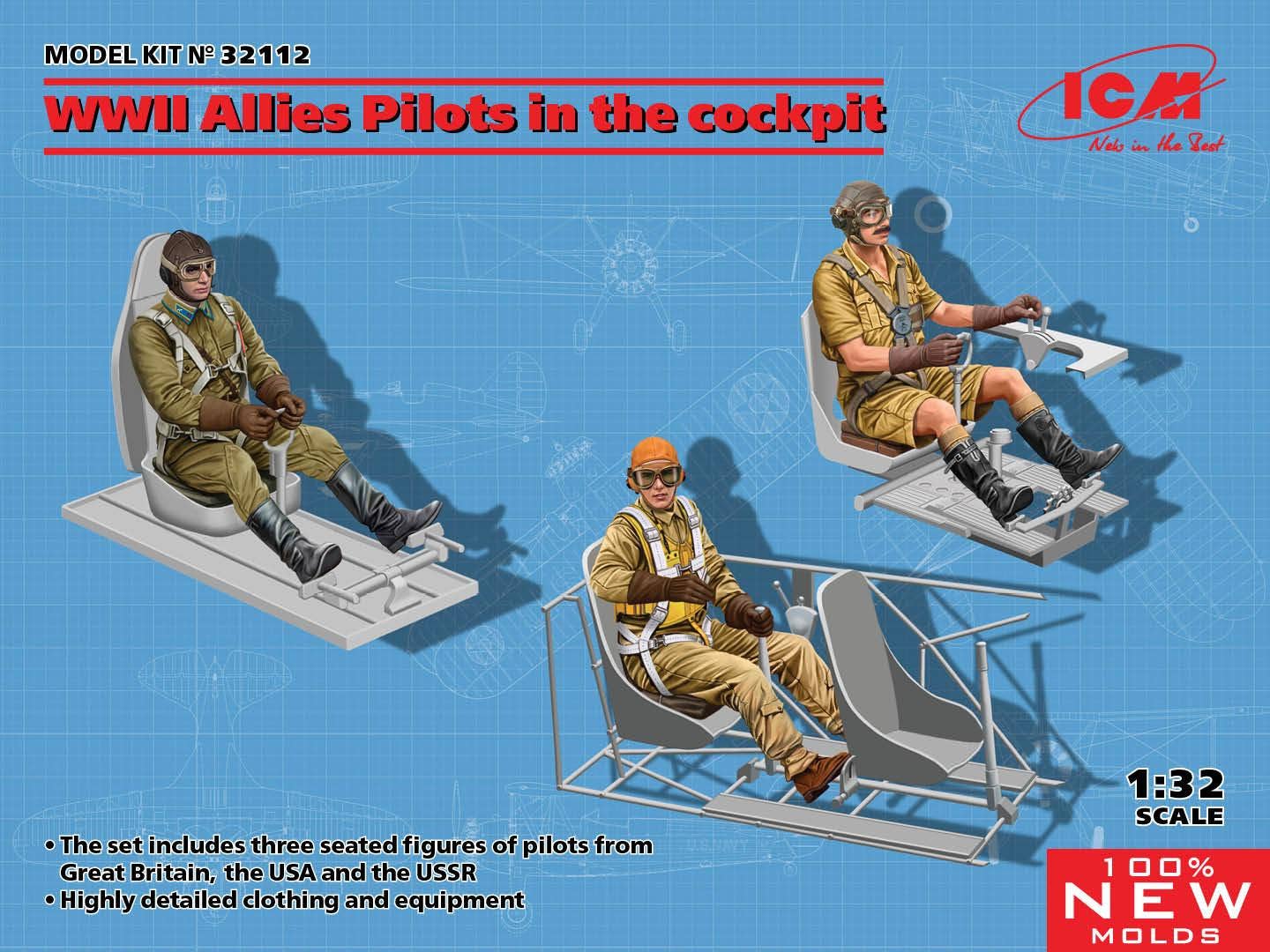ICM 1/32 WWII Allies Pilots in the cockpit (British, American, Soviet) (100% new molds) | 4823044408030