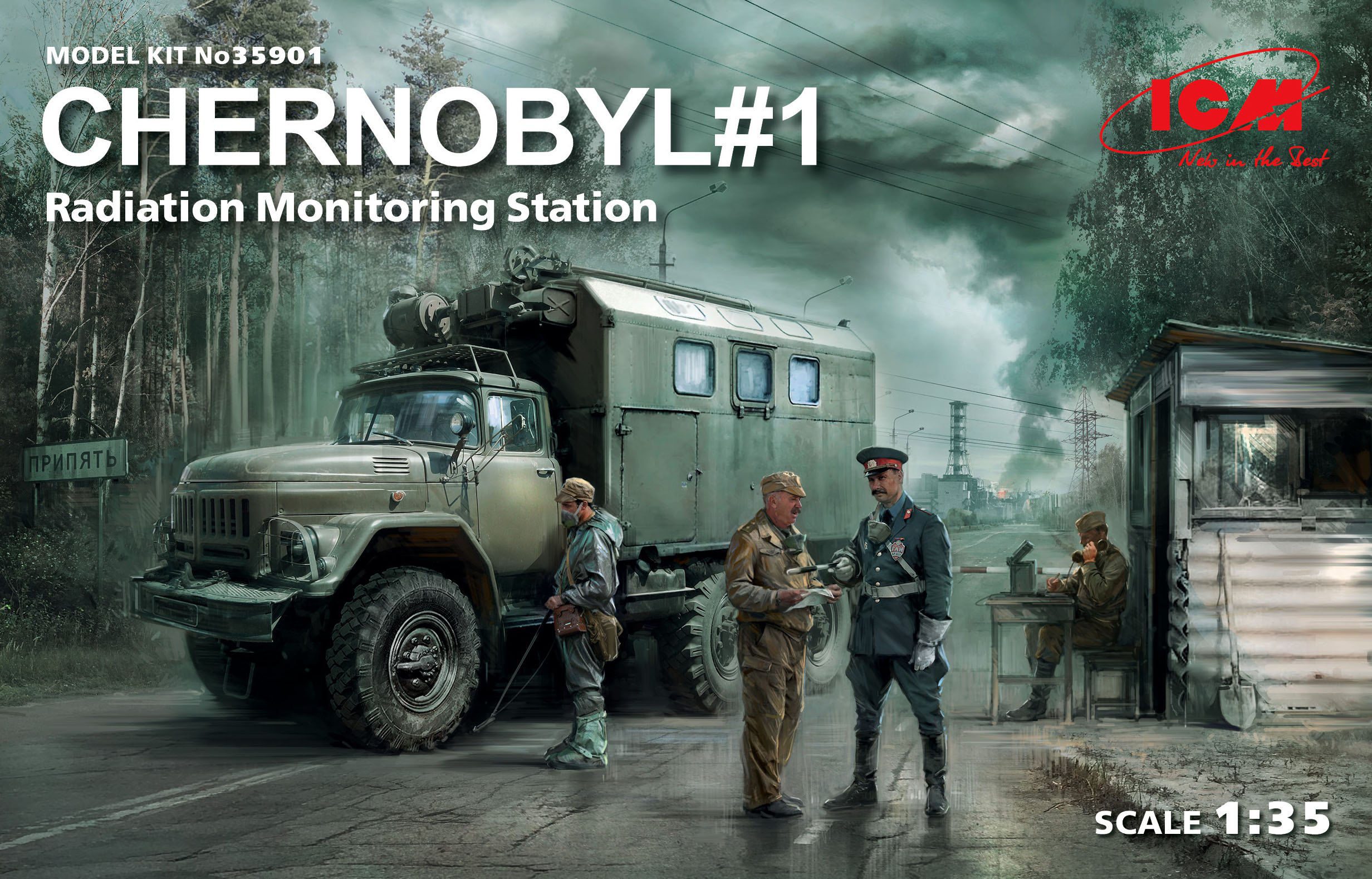 ICM 1/35 Chernobyl#1. Radiation Monitoring Station (ZiL-131KShM truck & 5 figures & diorama base with background) | 4823044406166