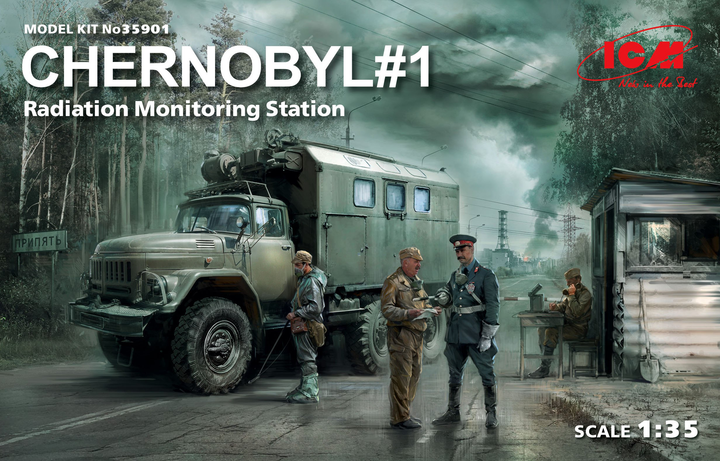 ICM 1/35 Chernobyl#1. Radiation Monitoring Station (ZiL-131KShM truck & 5 figures & diorama base with background) | 4823044406166