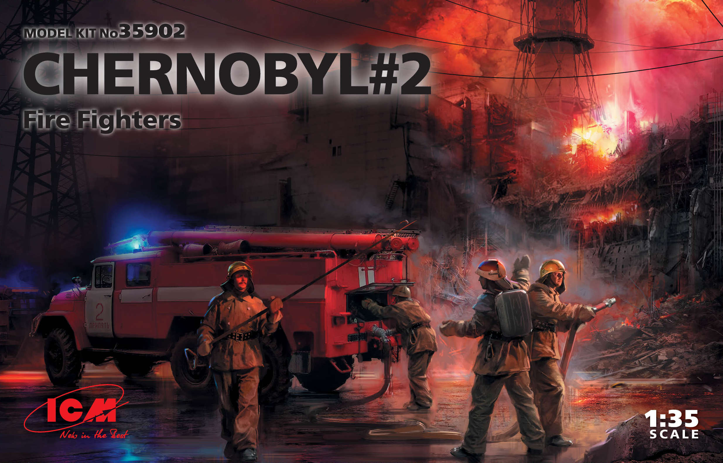 ICM 1/35 Chernobyl#2. Fire Fighters (AC-40-137A firetruck & 4 figures & diorama base with background) | 4823044406173
