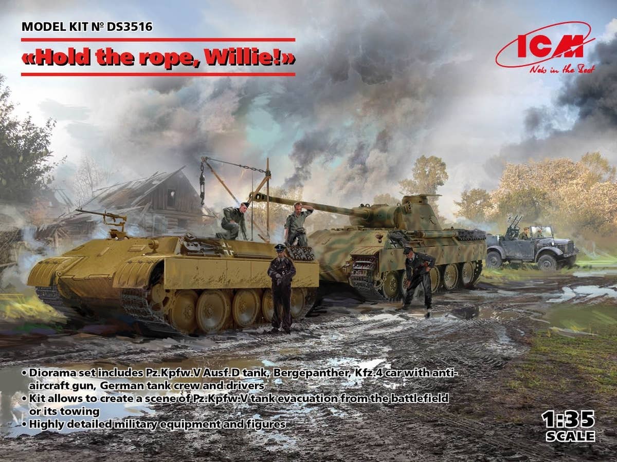 ICM 1/35 ''Hold the rope, Willie' (Pz.Kpfw.V Panther Ausf.D, Bergepanther , le.gl.Einheitz-Pkw Kfz.4, German Drivers (1939-1945) and German Tank Riders (1942-1945)) | 4823044408948