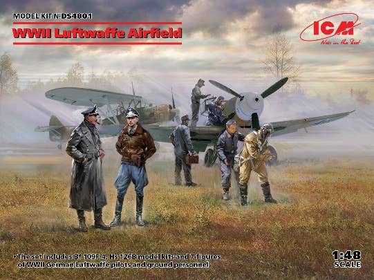 ICM 1/48 WWII Luftwaffe Airfield - Messerschmitt Bf 109F-4, Hs 126 B-1, German Luftwaffe Pilots and Ground Personnel (7 figures) | 4823044408092