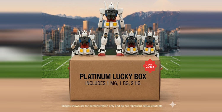 Platinum Gundam Lucky Box mobile banner - save 20% or more versus the combined retail value of the kits inside