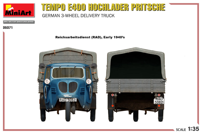 MiniArt 1/35 Tempo E400 Hochlader Pritsche. German 3-Wheel Delivery Truck
